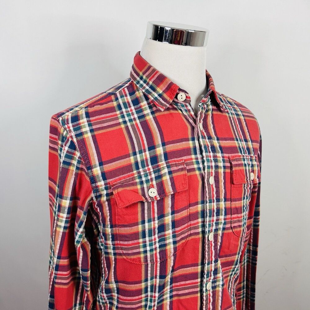 Eddie Bauer Small Classic Fit Flannel Shirt Orange Green Plaid Cotton